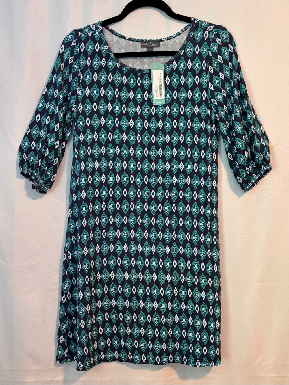 Market & Spruce Navy and Teal Diamond-Print Shift Dress ~ Sz Small